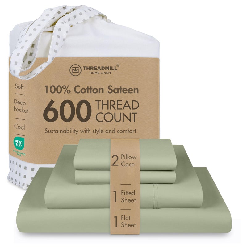 Threadmill 100% Cotton Sheets for Full Size Bed - 600 Thread Count Full Bed Sheets Set with 16â€ Deep Pocket - Sateen Weave 4-Piece Bedding Set with Cooling Effect, Sage Green - Image 1
